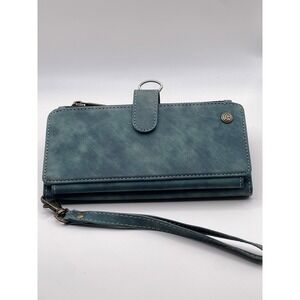 CaseMe Blue Vintage Leather Wallet Phone Case Zipper Card Holder Wristlet Strap